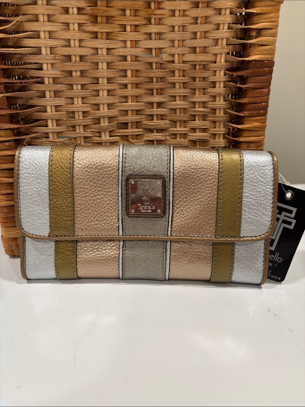 Tignanello Striped Metallic Leather Trifold Wallet in Silver, Gold & Bronze NWT
